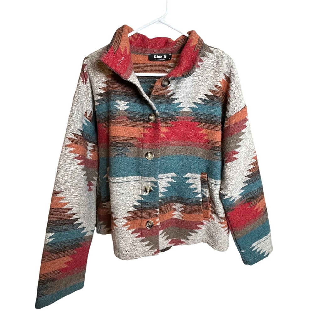 Women's Jacket Medium Multicolor Aztec Southwestern Button Up Blue B Collection